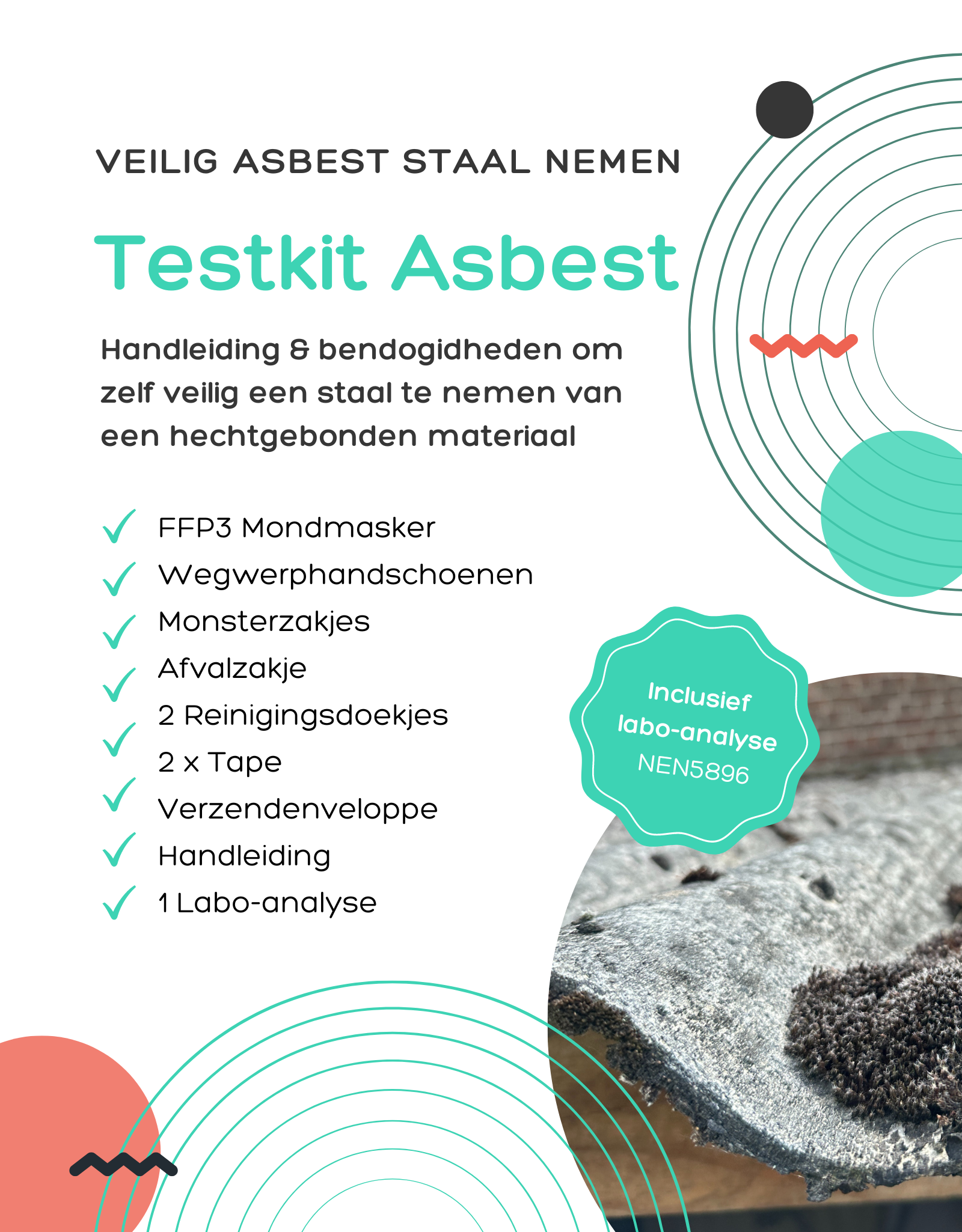 Infokaart Testkit Asbest met inhoud van de kit en labo-analyse conform NEN5896